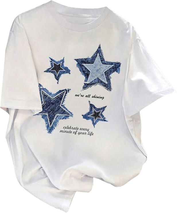 Girl's Drop Shoulder Star Letter Print Loose Fit Short Sleeve Crew Neck T-Shirt