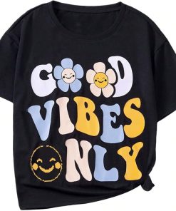 Girls' Oversized Graphic Letter T-Shirt, Drop Shoulder, Short Sleeve, Loose Fit Summer Tee