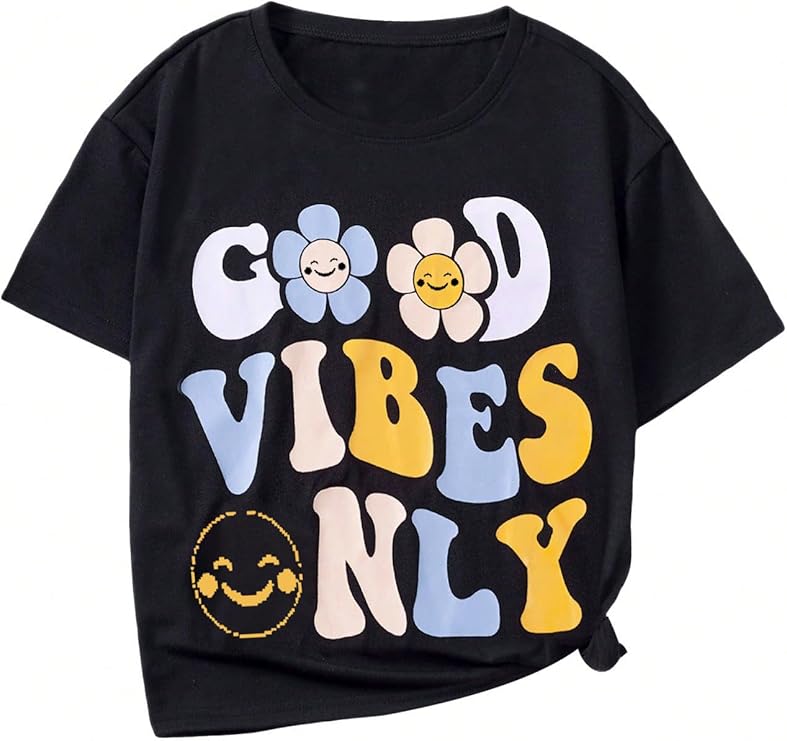 Girls' Oversized Graphic Letter T-Shirt, Drop Shoulder, Short Sleeve, Loose Fit Summer Tee