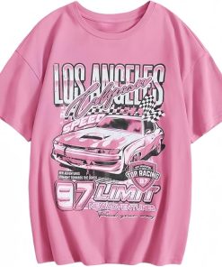 Girls' Summer Casual Round Neck Short Sleeve T-Shirt with Car and Letter Graphic Print