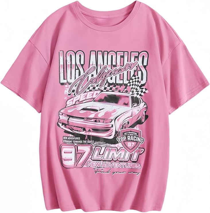 Girls' Summer Casual Round Neck Short Sleeve T-Shirt with Car and Letter Graphic Print